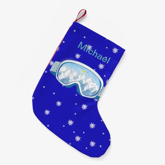 マウンテンリフレクション付きスキーゴーグルパーソナライズされた スモールクリスマスストッキング (正面 (吊り時))