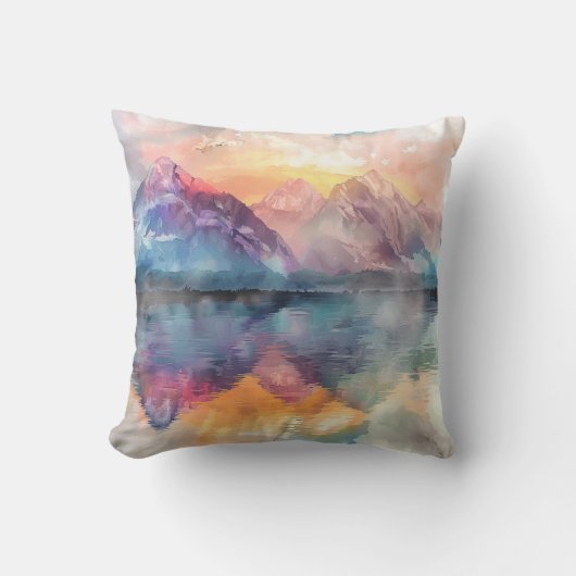 マウンテンリフレクション – 水彩装飾用クッション クッション (正面)