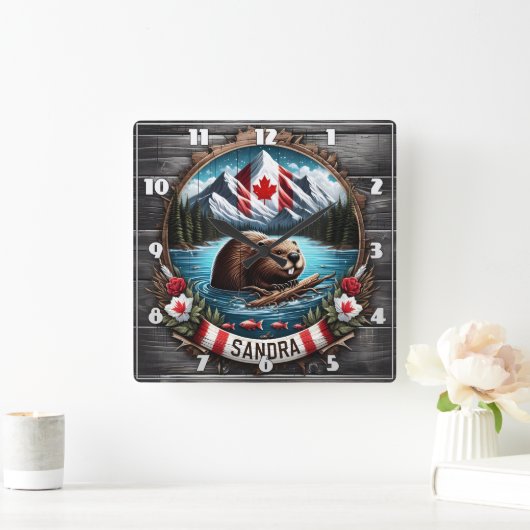 マウンテンレイクで泳澄んぐカナダのビーバー スクエア壁時計 (ホーム)