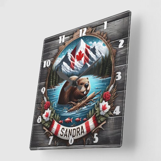 マウンテンレイクで泳澄んぐカナダのビーバー スクエア壁時計 (傾斜)