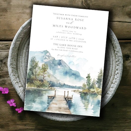 マウンテンレイクウォーターカラーフォレストツリー結婚ズ 招待状