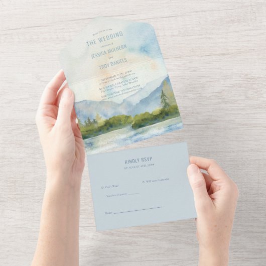 マウンテンレイクウォーター結婚カラー オールインワン招待状 (貼ってはがせる)
