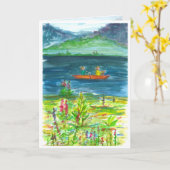 マウンテンレイクカヤックウォーターカラーハッピーバースデー カード (黄色い花)