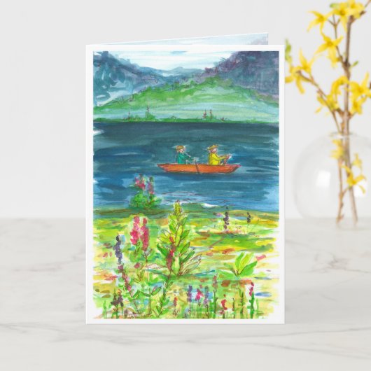 マウンテンレイクカヤックウォーターカラーハッピーバースデー カード (黄色い花)