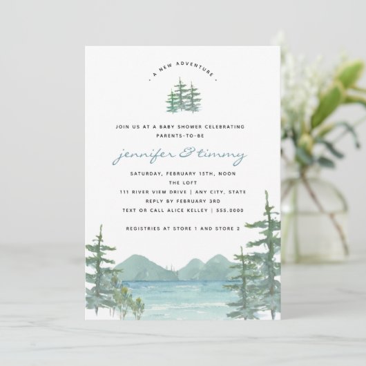 マウンテンレイクテーマ水彩赤ちゃんシャワー 招待状 (スタンド正面)