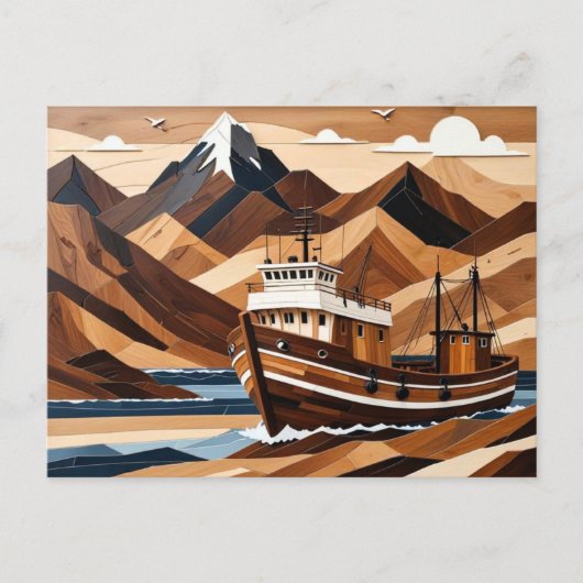 マウンテンレイクランドスケープ魚釣りボート ポストカード (正面)