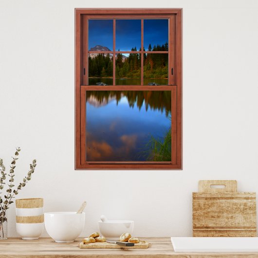 マウンテンレイクリフレクションフェイクウィンドウイリュージョン ポスター (キッチン)