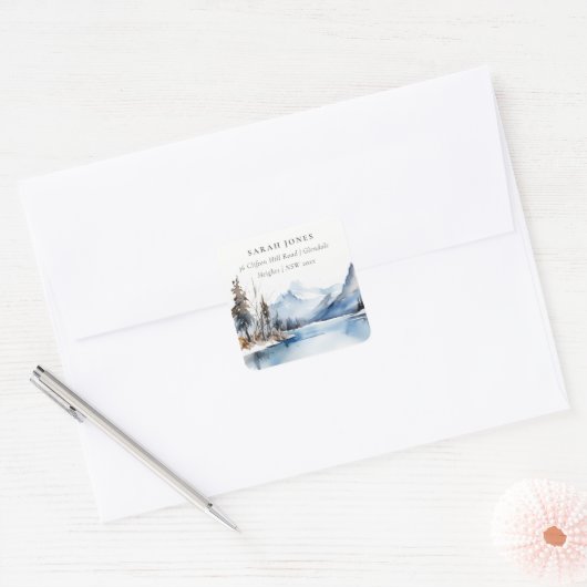 マウンテンレイク冬の雪のランドスケープアドレス スクエアシール (封筒)