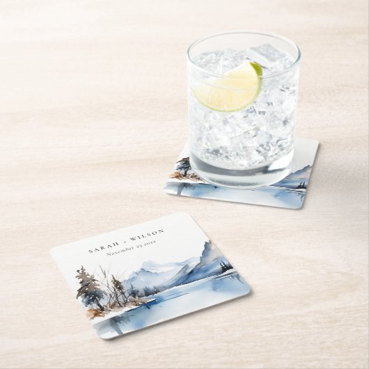 マウンテンレイク冬の雪の風景結婚ズ スクエアペーパーコースター (インサイチュ)