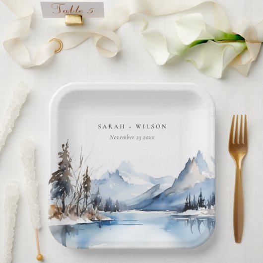 マウンテンレイク冬の雪の風景結婚ズ ペーパープレート (ウェディング)