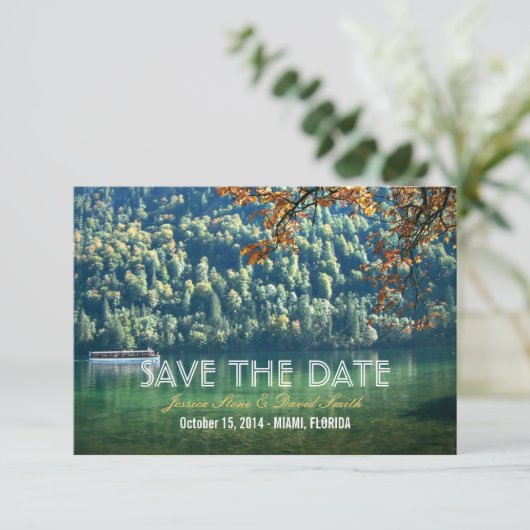 マウンテンレイク秋の結婚式日付カードを保存 セーブザデート (スタンド正面)