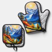 マウンテンレイク：景勝地 鍋つかみ&鍋敷きセット (正面/裏面)