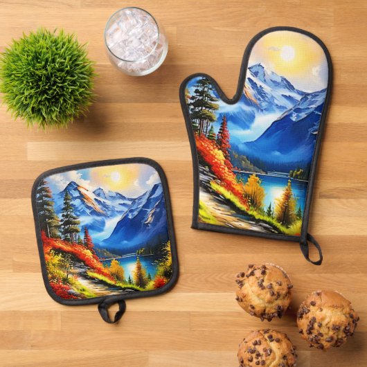 マウンテンレイク：景勝地 鍋つかみ&鍋敷きセット (トップダウン)