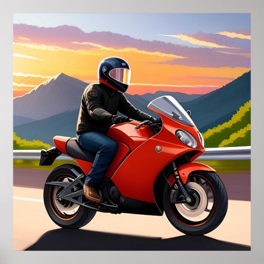 マウンテンロードに沿って乗るバイク乗り ポスター (正面)