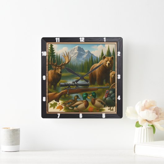 マウンテンワイルドライフハンターズトロフィー スクエア壁時計 (ホーム)