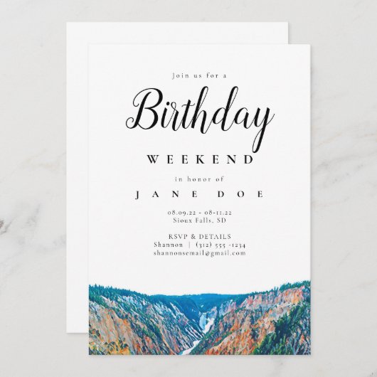 マウンテン素朴ウォーターフォール誕生日ウィークエンド 招待状 (正面/裏面)
