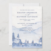 マウンテン素朴ウッドランドウォーターカラーブルー結婚ズ 招待状 (正面)