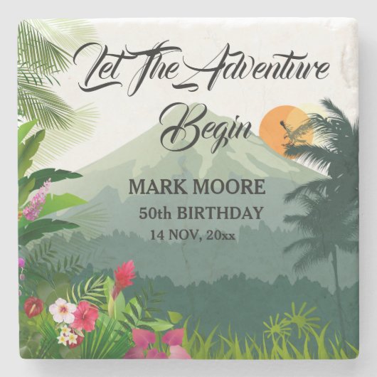 マウンテン&フォレストサンセット誕生日招待状 ストーンコースター (正面)