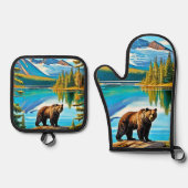 マウンテン・ベア:レイク・リフレクション・アート 鍋つかみ&鍋敷きセット (正面)