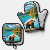マウンテン・ベア:レイク・リフレクション・アート 鍋つかみ&鍋敷きセット (正面/裏面)