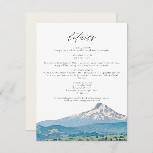 マウントフッドの水彩画ウェディング詳細カード 招待状 (正面/裏面)