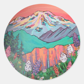 マウントレイニアの野花の滝の絵 ラウンドシール