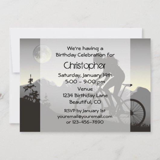 マウンパーソナライズされたテンバイクもしくは自転車に乗る人アンドムーン誕生日 招待状 (裏面)
