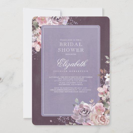 マウヴプラム薄紫ヴィンテージフローラブライダルシャワー 招待状 (正面)