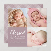 マウヴ賛美ベビー3枚フォトコラージュプレイド誕生 案内状 (正面/裏面)