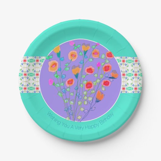 マウーブターコイズとアクセント付きフローラ ペーパープレート (正面)