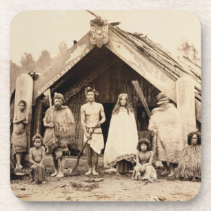 マオリ家族、ニュージーランド、c.1880s (卵白のプリント) コースター
