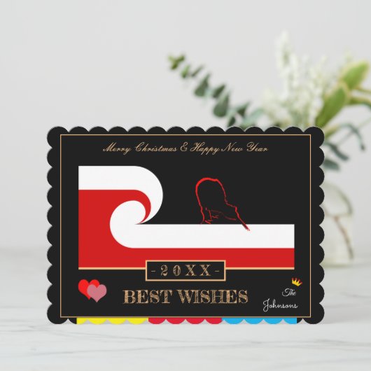 マオリ波とジーランド国旗の新年の祝いの言葉 シーズンカード (スタンド正面)