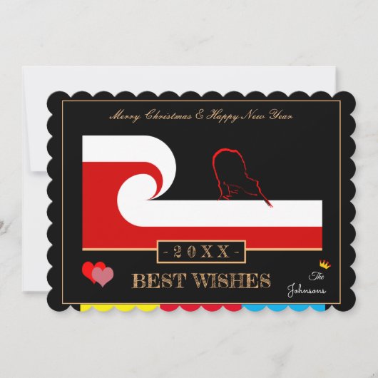 マオリ波とジーランド国旗の新年の祝いの言葉 シーズンカード (正面)