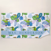 マカオとパームの葉トロピカルパーソナライズされた ビーチタオル (正面)