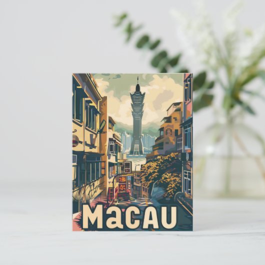 マカオ中国ヴィンテージレトロ旅行イラストレーション ポストカード (スタンド正面)
