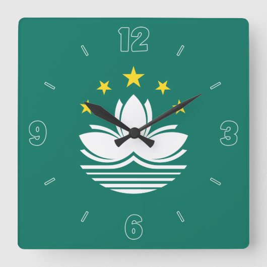 マカオ国旗の緑の黄色の白のナンバーズ愛国的 スクエア壁時計 (正面)