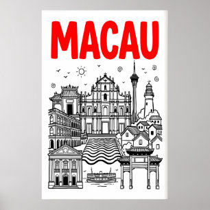 マカオ旅行ポスター、真っ赤なスカイライン、ランドマーク ポスター