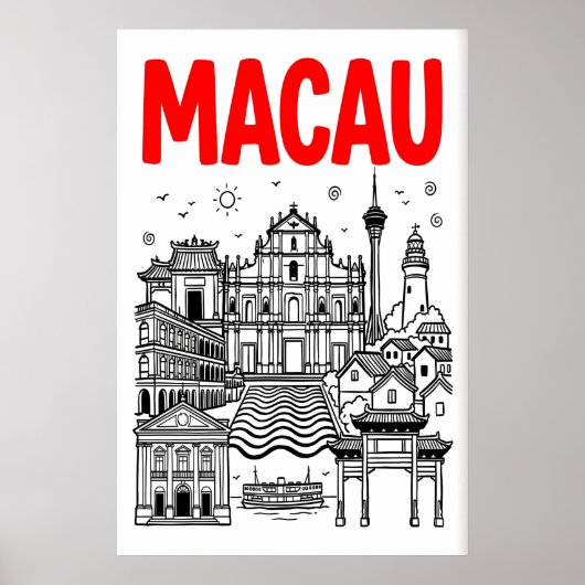 マカオ旅行ポスター、真っ赤なスカイライン、ランドマーク ポスター (正面)