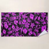 マカプービーチハワイアンろうけつ染めブラックアンドピンク ビーチタオル (正面)