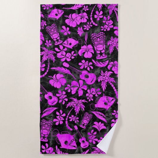 マカプービーチハワイアンろうけつ染めブラックアンドピンク ビーチタオル (正面)