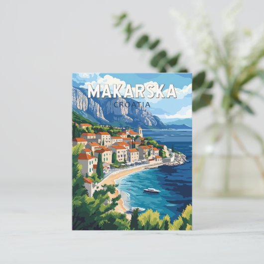 マカルスカクロアチアイラストレーショントラベルアートヴィンテージ ポストカード (スタンド正面)