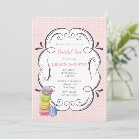 マカロンとピンク水玉模様ブライダル茶 招待状 (スタンド正面)