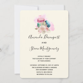 マカロンと花の水色結婚の 招待状