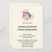 マカロンと花の水色結婚の 招待状 (正面/裏面)