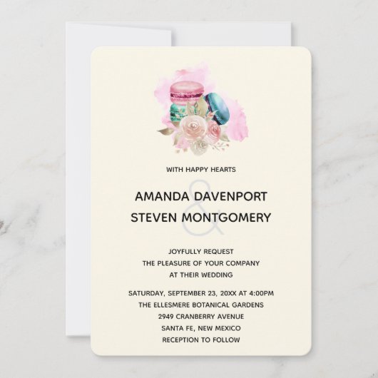 マカロンと花の水色結婚の 招待状 (正面)