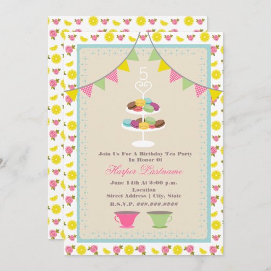 マカロンの誕生日の茶パーティの招待状 招待状 (正面/裏面)