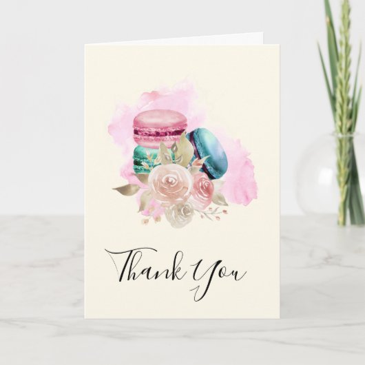 マカロンカラフルと花の水彩ありがとう カード (正面)