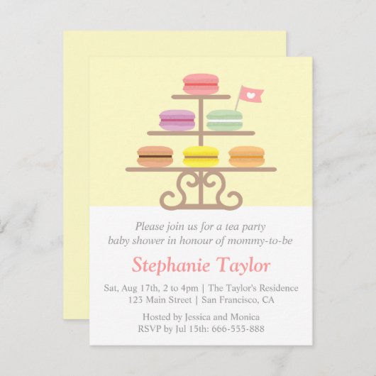 マカロンデザート、お茶パーティーのベビーシャワー、お母さん 招待状 (正面/裏面)