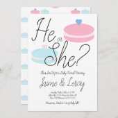 マカロンピンクブルージェンダーが彼または彼女を明らかにする 招待状 (正面/裏面)