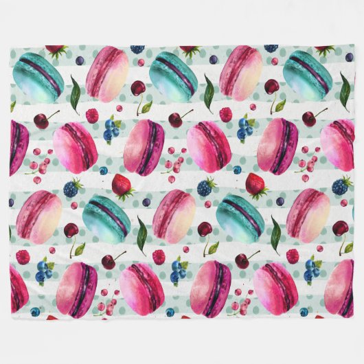 マカロンフランスのと果実と水玉模様 フリースブランケット (正面(横))